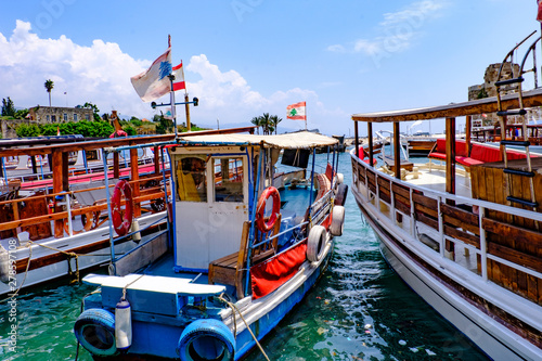 Fishing boats at anchor in the ancient harbor of Byblos, Lebanon