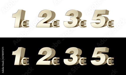 1€ 2€ 3€ 5€ One, two, three and five euros. 3D golden characters.