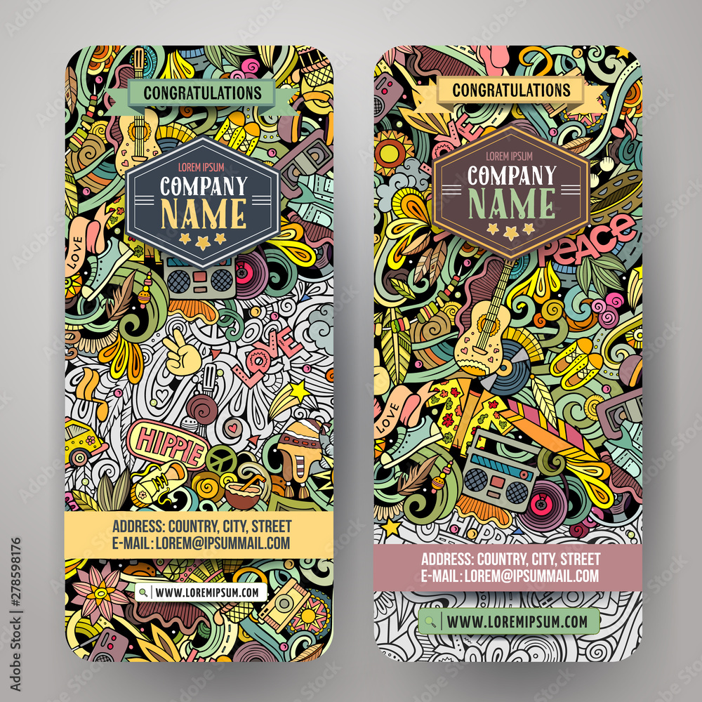 Hippie hand drawn doodle banners set. Cartoon detailed flyers.
