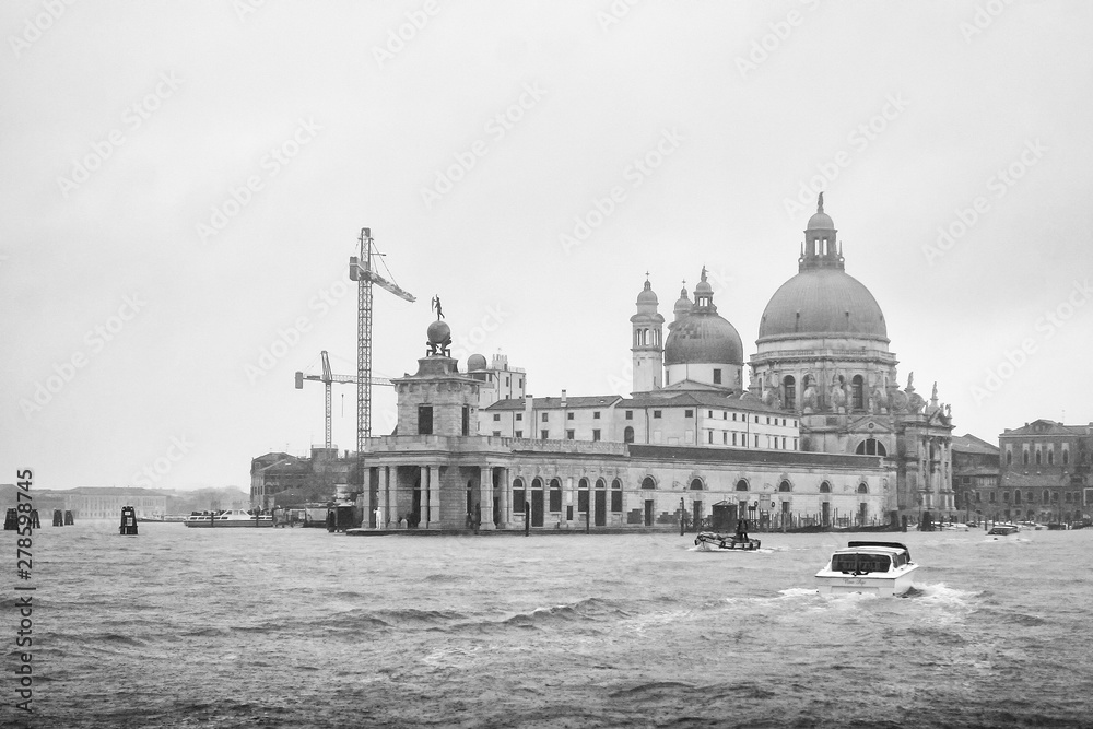 Basilica di Santa Maria della Salute on Punta della Dogana in Venice, Italy.  April 2012 Black and white photo