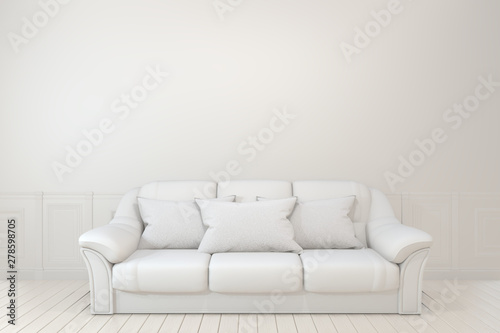 Interior poster mock up with empty wooden sofa, plant and lamp in empty room with white wall. 3D rendering
