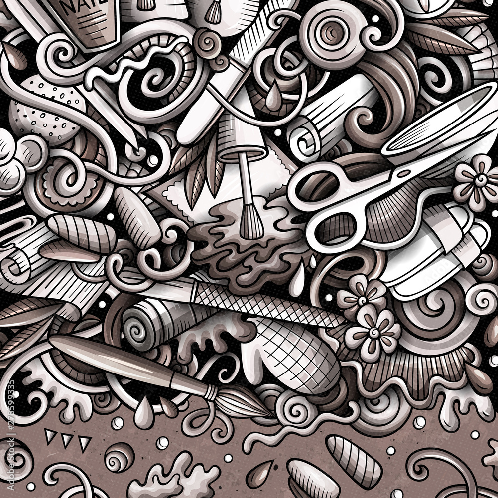 Nail salon hand drawn vector doodles illustration. Manicure frame card