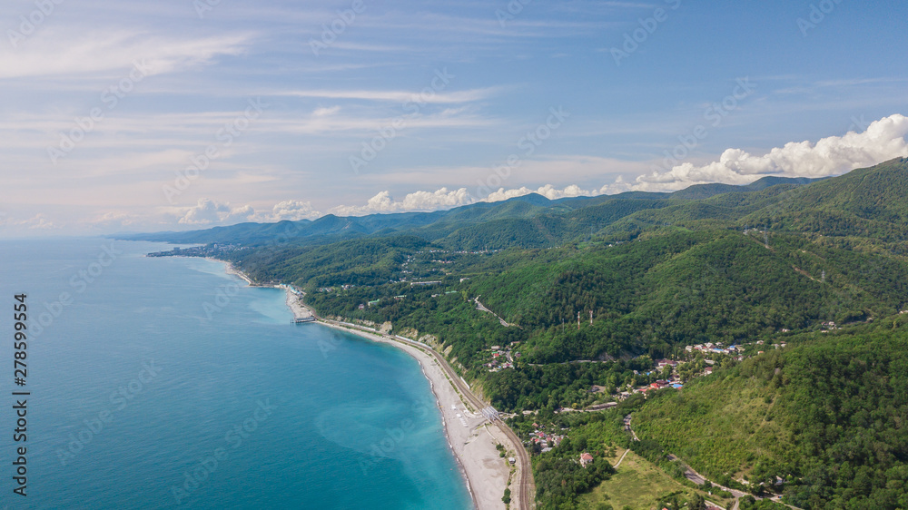 Drones Eye View - winding road from the high mountain pass to Sochi, Russia. Great road trip.