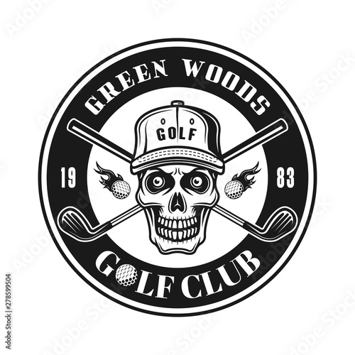 Golf club vector round emblem with skull in hat