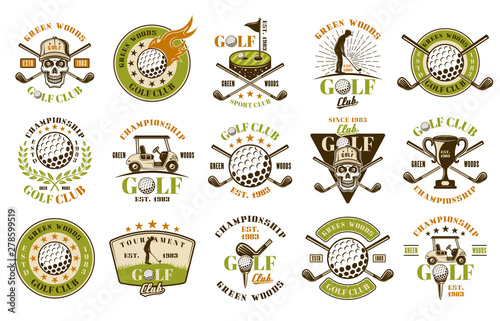Golf big set of fifteen colored vector emblems
