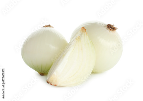 Fresh peeled onion bulbs on white background