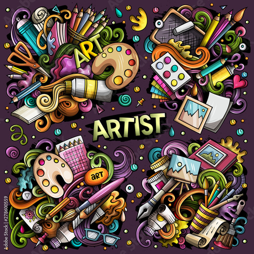 Colorful vector hand drawn doodles cartoon set of Artist objects and elements