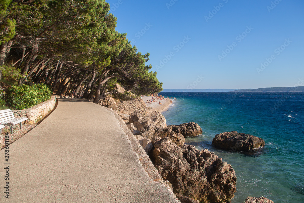 Adriatic Sea coast near Brela, beautiful blue lagoon, Makarska Riviera, Punta Rata beach, Croatia