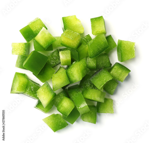 Pile of chopped green bell pepper on white background, top view