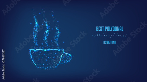  Cup of hot coffee with steam from triangles and luminous points. Background of beautiful dark blue night sky. Vector Polygonal illustration. Low poly.