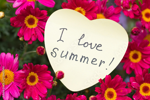 Close-up: Beautiful Magenta Color Fresh Flowers With Handwritten Text ‘I love summer’. Top View. Concept: Summertime.