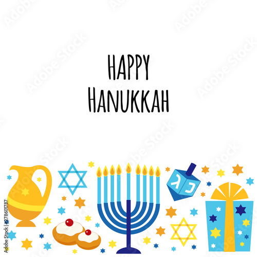 Cute Happy Hanukkah, Festival of Lights background in flat design style
