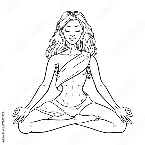 Young meditating yogi woman in lotus pose isolated on white background. Vector illustration