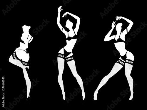 Set of sexy women silhouettes in underwear, club burlesque performer, dancer, stripper, go-go girl, vector illustration