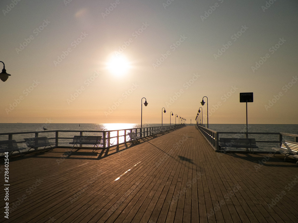 Sunrise over pier in Gdynia, Poland.