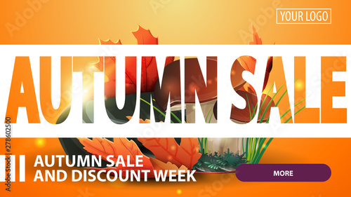 Autumn sale, creative pink discount web banner for your website with mushrooms and autumn leaves