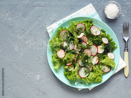 Salad of radish and greens on a plate, on a gray concrete background.