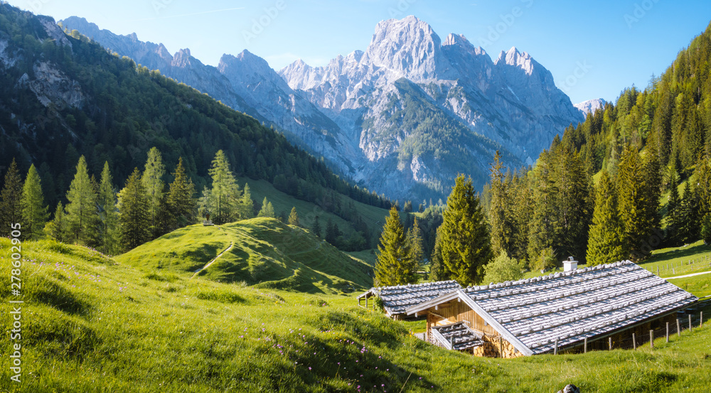 Traditional mountain chalets in the Alps in summer