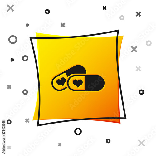 Black Pills for potency, aphrodisiac icon isolated on white background. Sex pills for men and women. Yellow square button. Vector Illustration