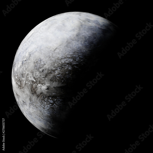 frozen alien planet, exoplanet covert in ice and snow isolated on black background