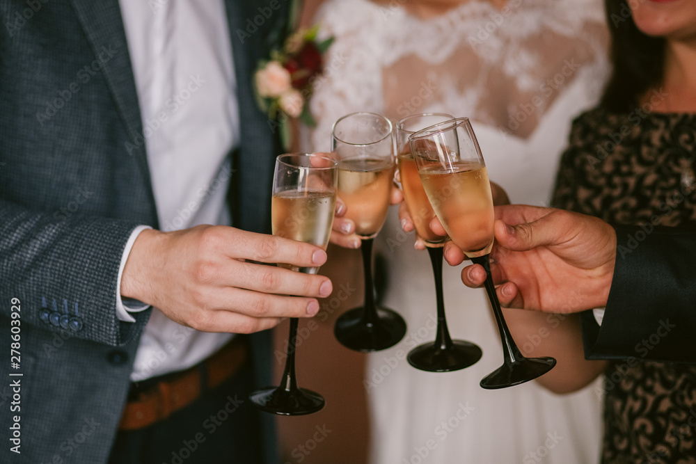 Celebration. Hands holding the glasses of champagne and wine making a toast. The party, wedding, celebration, alcohol, lifestyle, friendship, holiday, christmas, new, year and clinking concept.