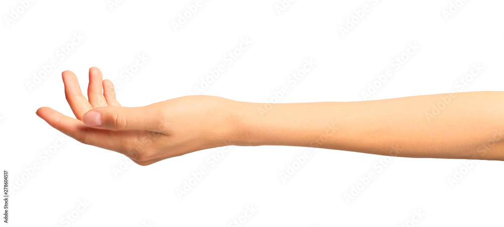 Young woman holding hand on white background, closeup Young woman holding hand on white background, closeup