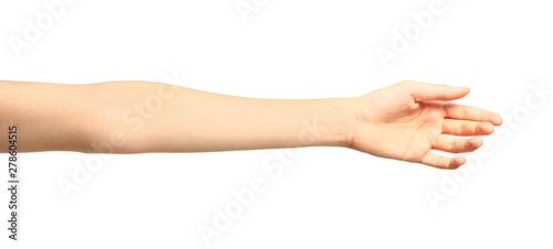 Vászonkép Young woman showing hand on white background, closeup