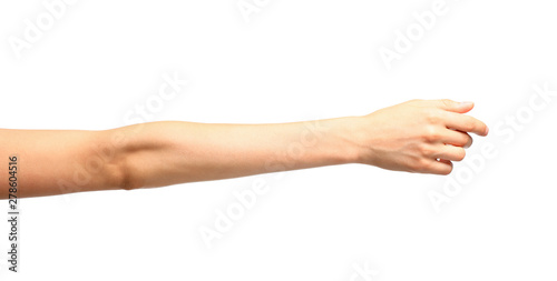 Young woman holding hand on white background, closeup