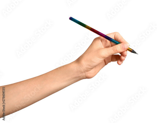 Young woman holding pencil on white background, closeup