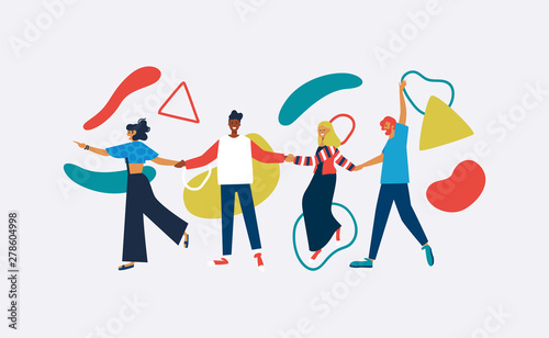 Happy diverse friend isolated with abstract shapes
