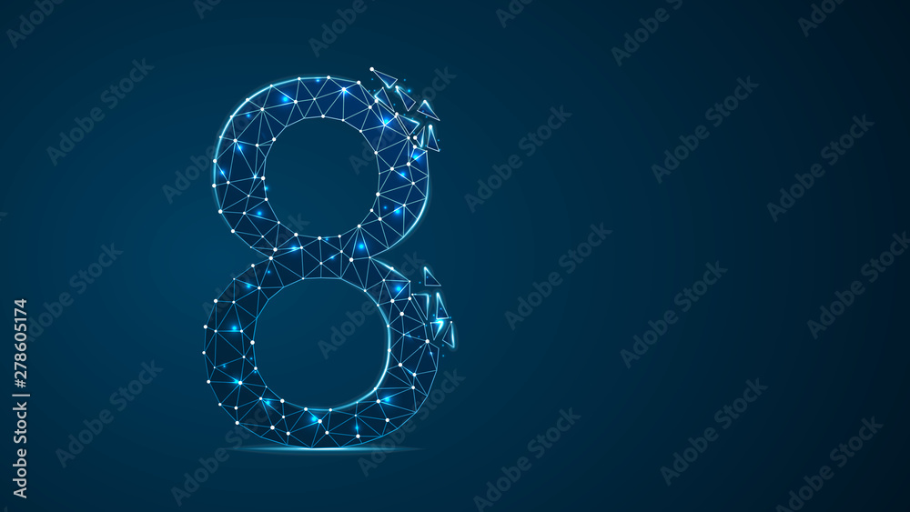 number eight 2D low poly abstract illustration consisting of points, lines, and shapes in the form of planets, stars and the universe. Raster digit 8 wireframe concept. number eight 2D low poly abstract illustration consisting of points, lines, and shapes in the form of planets, stars and the universe. Raster digit 8 wireframe concept.