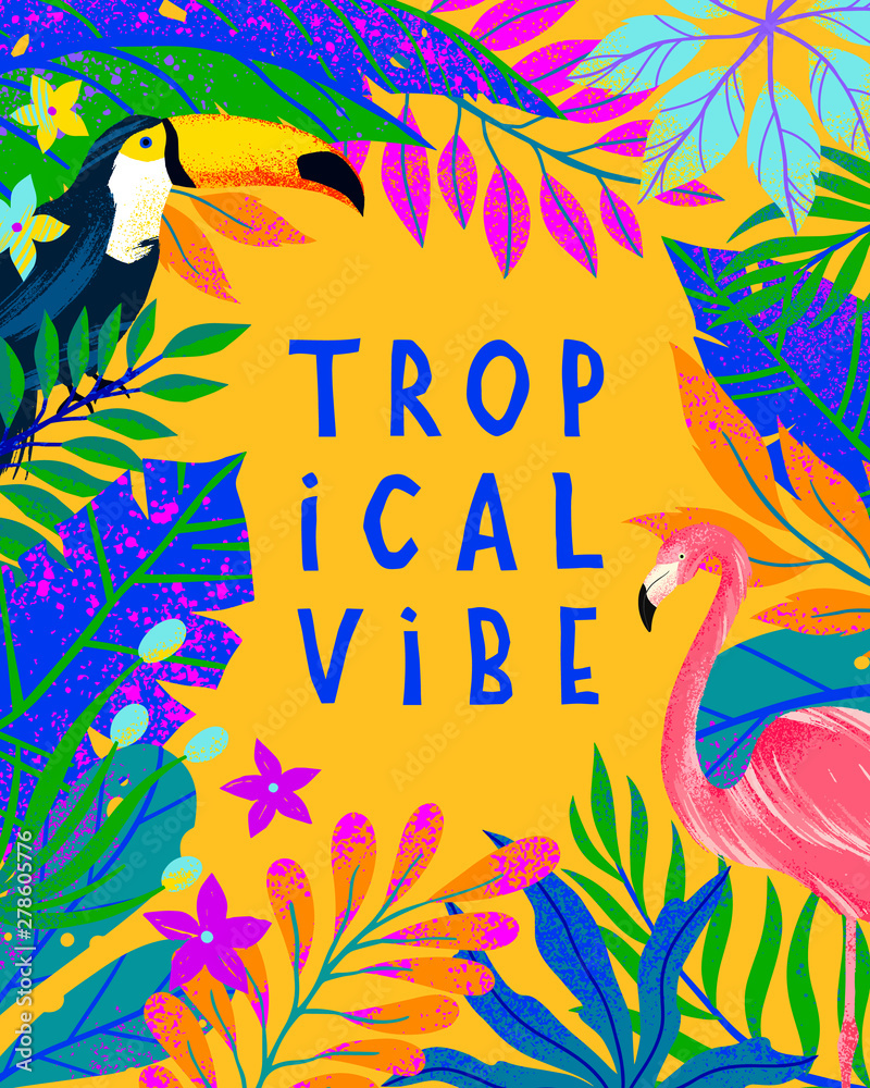 Fototapeta Summer vector illustration with bright tropical leaves,flamingo and toucan.Multicolor plants with hand drawn texture.Exotic background perfect for prints,flyers,banners,invitations,social media.