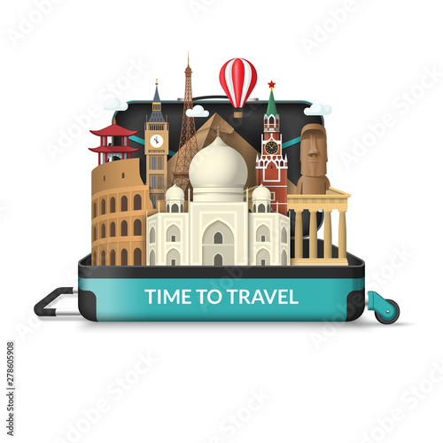Time to travel concept. Open travel suitcase with famous world tourist attractions. Vector illustration isolated on white background