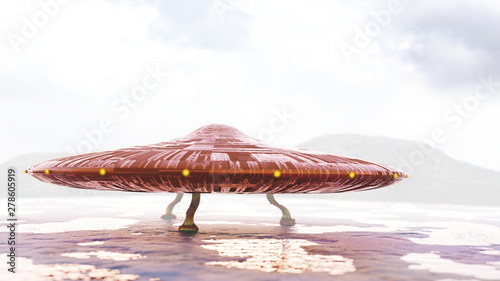 UFO on the colourful surface of an alien planet, science fiction scene with alien spaceship