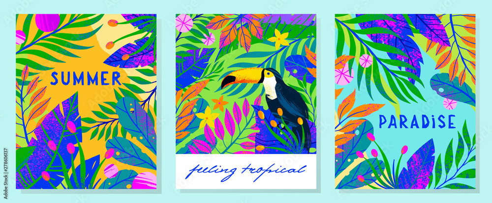 Fototapeta Set of summer vector illustrations with tropical leaves,flowers and toucan.Multicolor plants with hand drawn texture.Exotic backgrounds perfect for prints,flyers,banners,invitations,social media
