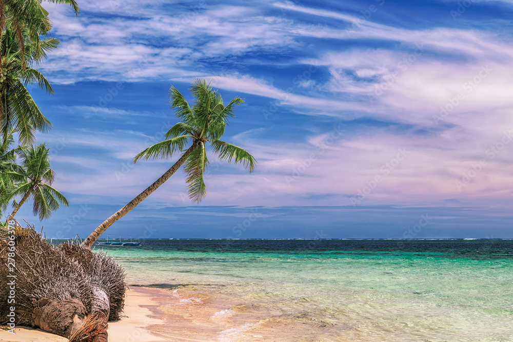 Beautiful beach. View of nice tropical beach with palms around. Holiday and vacation concept. Tropical beachat Philippines on the coast island Siargao