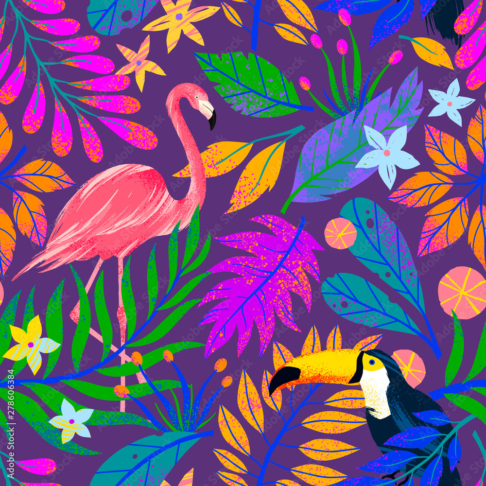 Naklejka premium Summer vector seamless pattern with hand drawn tropical leaves,flamingo and toucan.Multicolor plants.Exotic background perfect for prints,wrapping paper,t-shirts,textile,background fill,social media.