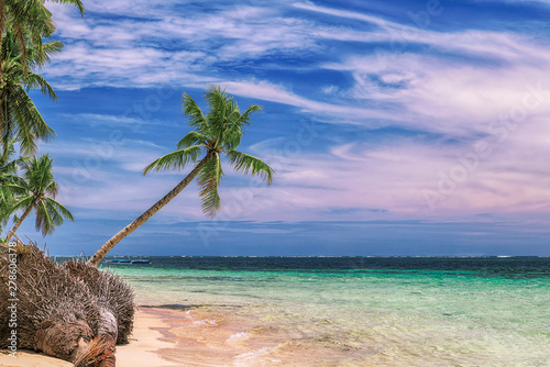 Obraz na płótnie Beautiful beach. View of nice tropical beach with palms around. Holiday and vacation concept. Tropical beachat Philippines on the coast island Siargao w salonie