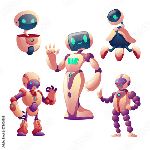 Robots set. Humanoid cyborgs with face, body, arms, legs, wheel isolated on white background, futuristic friendly artificial intelligence gesturing bots for game design, cartoon vector illustration