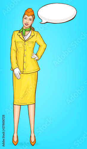 Pop art stewardess, flight attendant, air hostess girl in yellow uniform with cap, green handkerchief and speak cloud. Airline ad campaign, vector Illustration on blue background in retro comic style