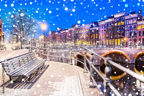 Photography Bench at the canals in Amsterdam at night. Netherlands