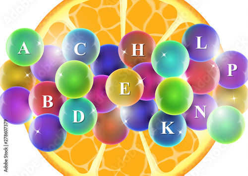 Vitamin complex. Colorful tablets in capsules, orange slice. Icon of various vitamins in bright colors of the rainbow. Medical image, creative design.