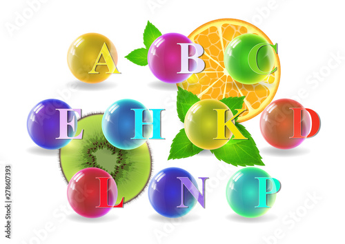 Vitamin complex. Colorful tablets in capsules, orange and kiwi slices. Icon of various vitamins in bright colors of the rainbow. Medical image, creative design.