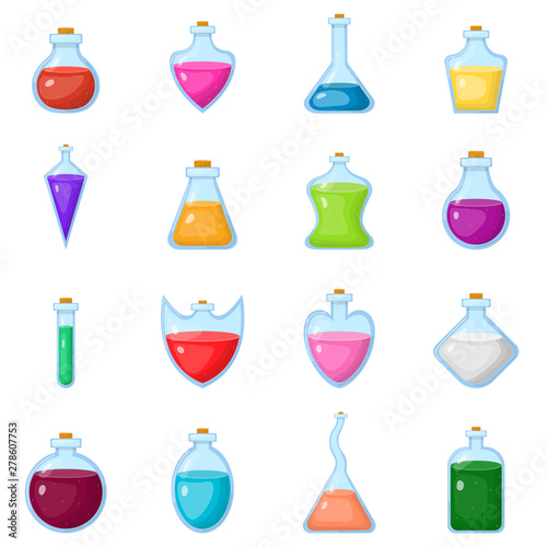 Set of magic potion isolated on white background. Magical potion in bottle. Chemical or alchemy elixir. Cartoon style. Vector illustration for any design.