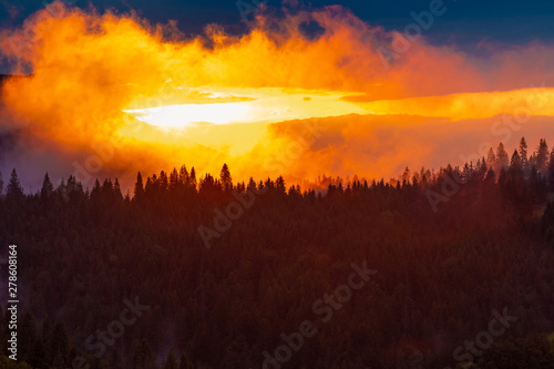 Bright sunset over foggy mountains. Vivid sun through the clouds over mountains slopes  covered with spruce forest. Carpathian mountains. Ukraine.