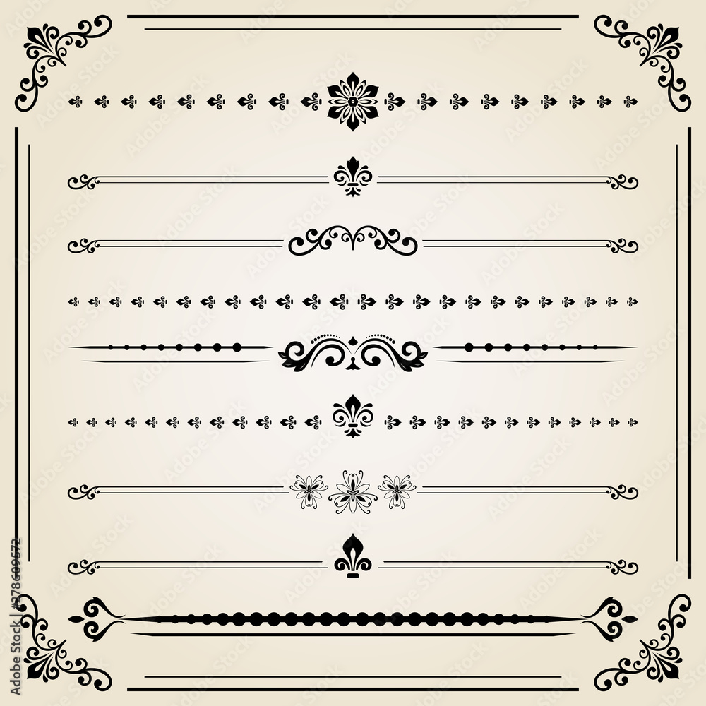 Vintage set of vector decorative black elements. Horizontal separators in the frame. Collection of different ornaments. Classic patterns. Set of vintage patterns