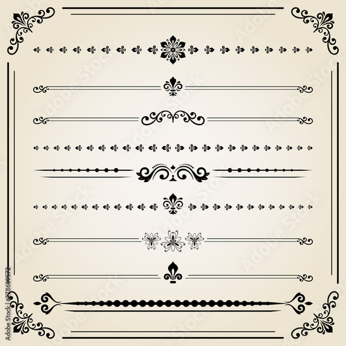 Vintage set of vector decorative black elements. Horizontal separators in the frame. Collection of different ornaments. Classic patterns. Set of vintage patterns