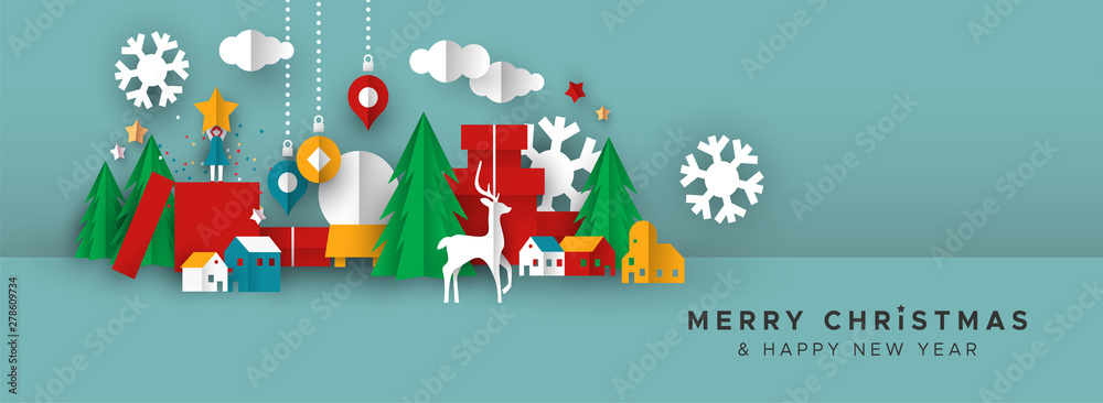 Christmas and New Year banner of papercut toy city - obrazy, fototapety, plakaty 