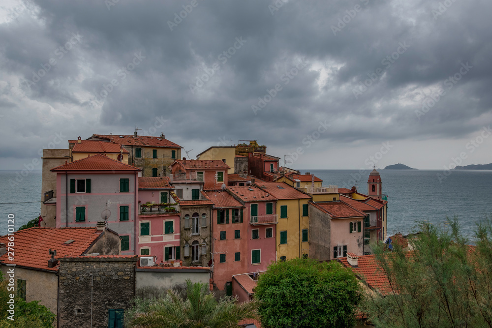 Town of Tellaro infront of mediterranean sea, ancient village in Liguria, Italy
