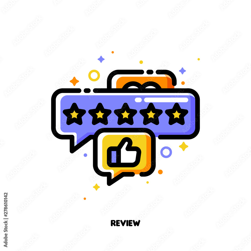Icon of bubbles with five stars and hand thumb up as good customers product rating or positive users feedback for shopping concept. Flat filled outline style. Pixel perfect 64x64. Editable stroke Icon of bubbles with five stars and hand thumb up as good customers product rating or positive users feedback for shopping concept. Flat filled outline style. Pixel perfect 64x64. Editable stroke